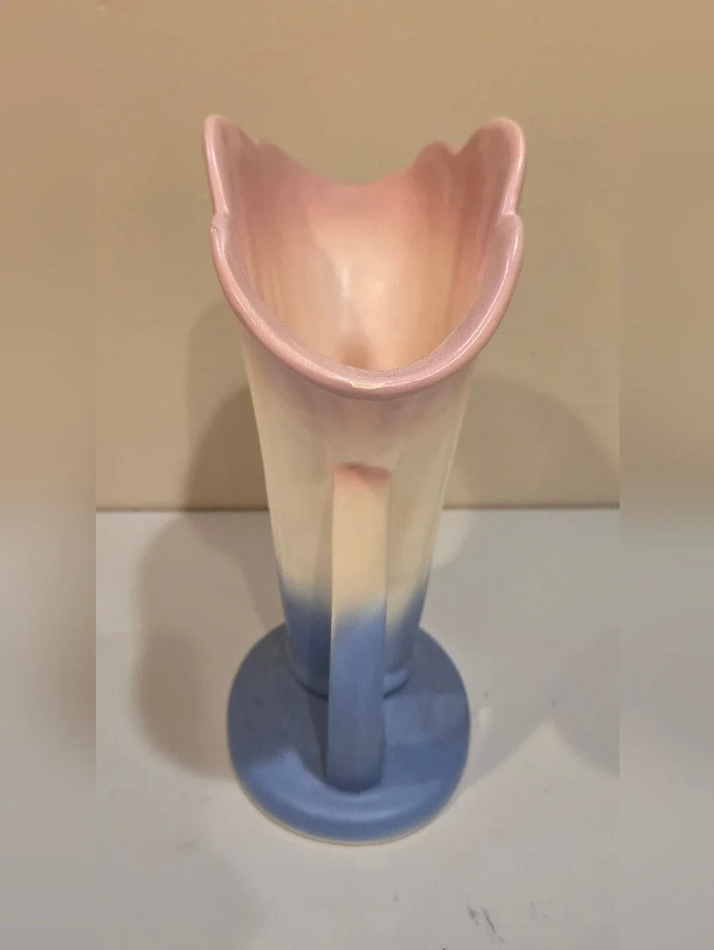 Vintage Hull Pottery Mardi Gras Pink, Cream & Blue Ceramic Fan Vase 